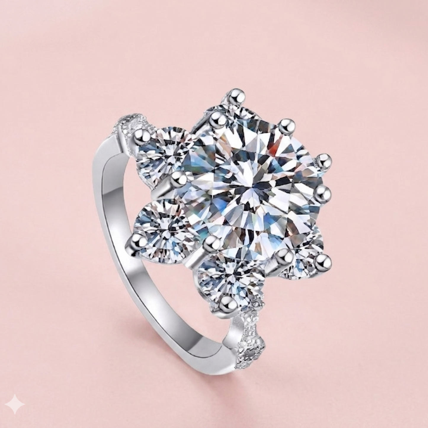 Solitary moissanite ring on a pink background