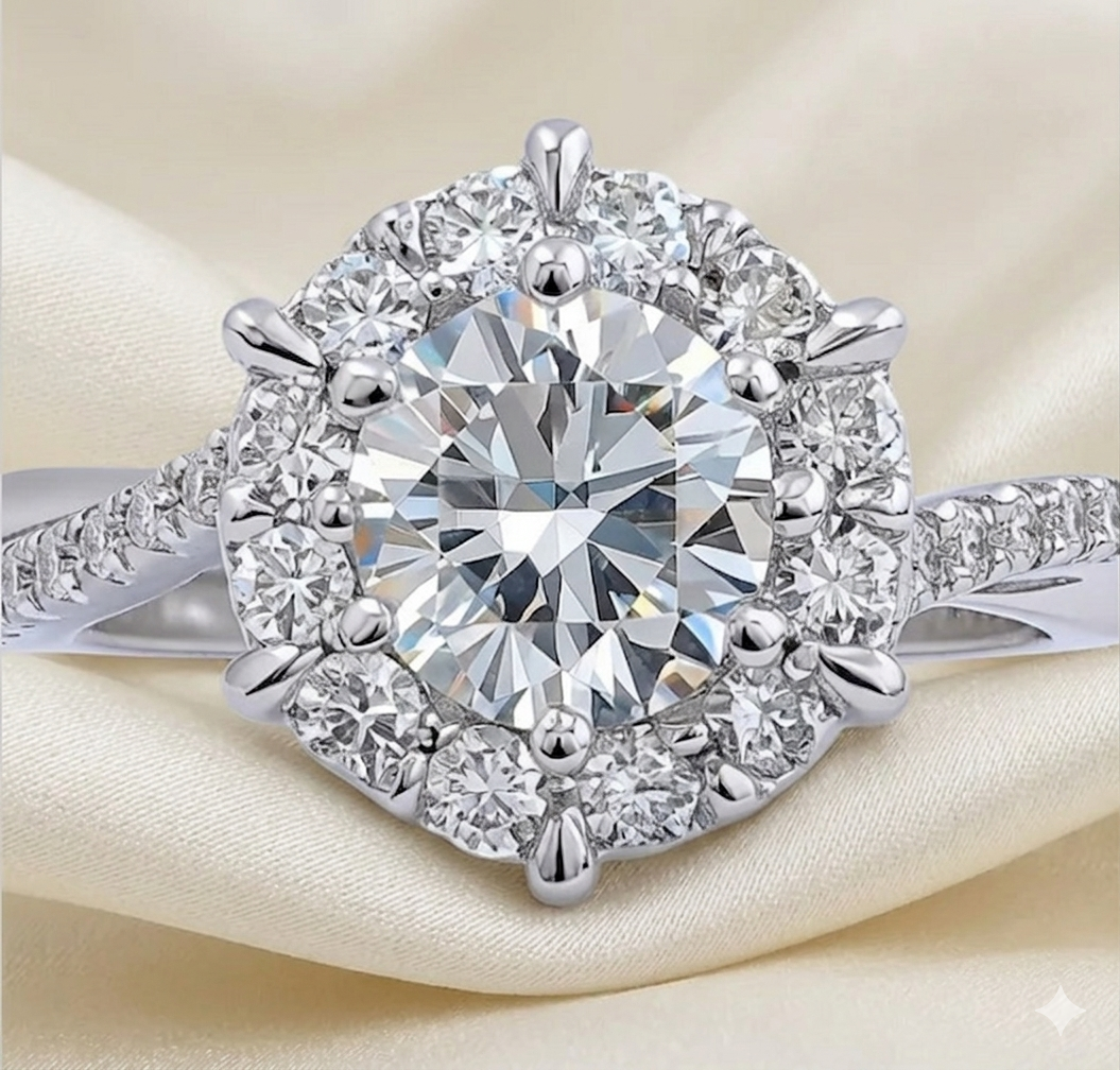 Sunburst Halo Moissanite Engagement Ring