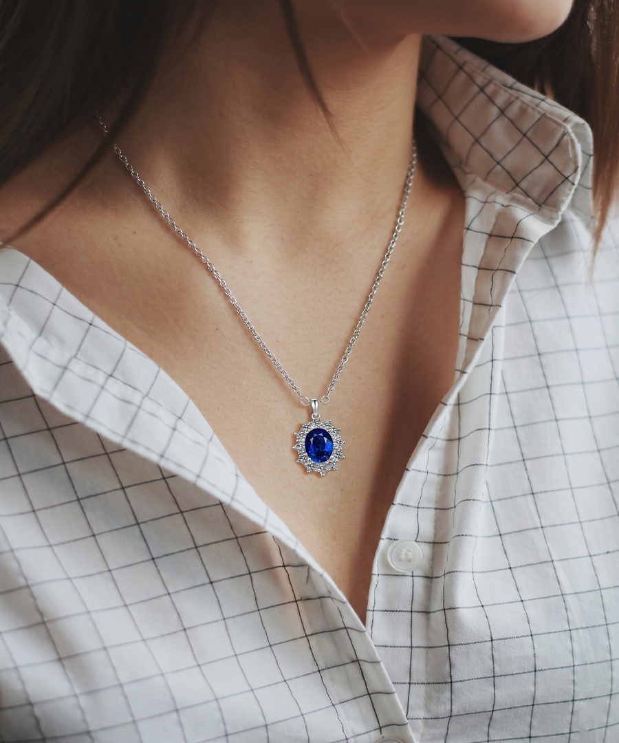 Oval Cut Blue Mossanite Halo Pendant