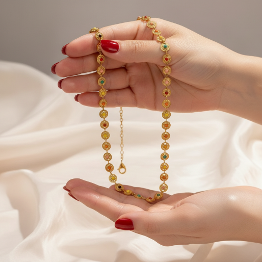 This necklace visually captivates with its array of multi-colored enamel dots strategically placed along the gold chain. The diverse color palette allows the piece complement a wide range of outfits and personal styles,