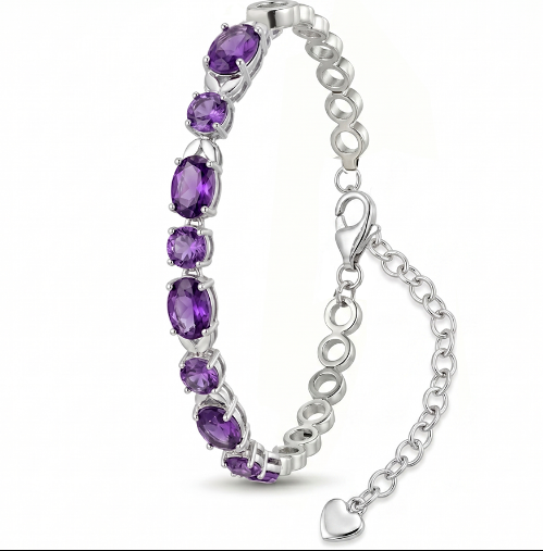 Silver tennis bracelet with purple gemstones on a white background