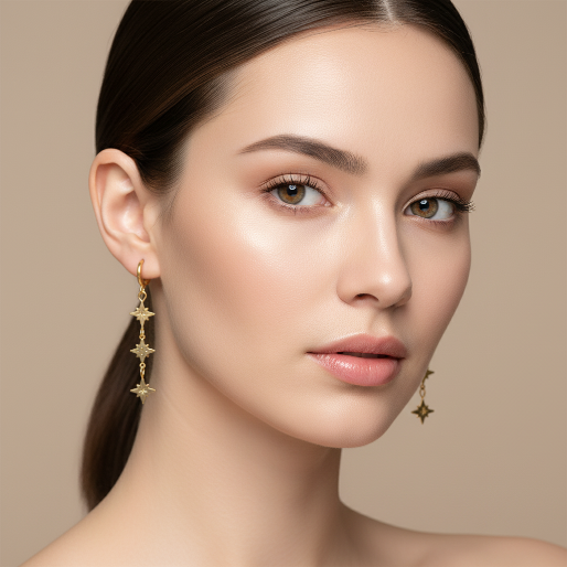 Gold star-shaped earrings characterized by a series of three star-shaped charms connected by delicate chains. It features a cuff-style top designed to gently embrace the earlobe.