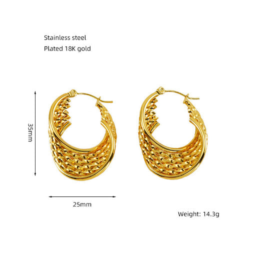 Gold hoop earrings with measurements and material details on a white background.  These earrings strike an ideal balance, making them significant enough to be noticed without being overly large or cumbersome.