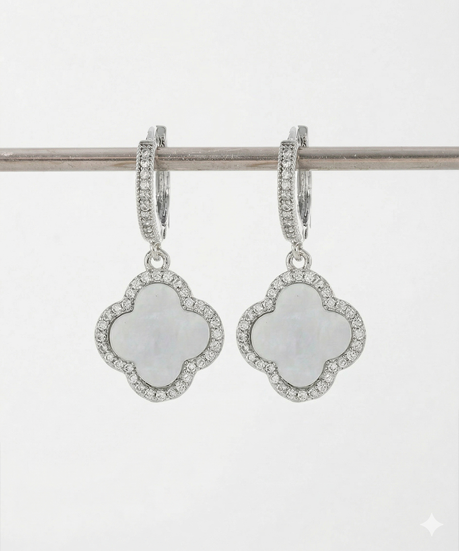 White Gold Plated Clover Dangle Earrings
