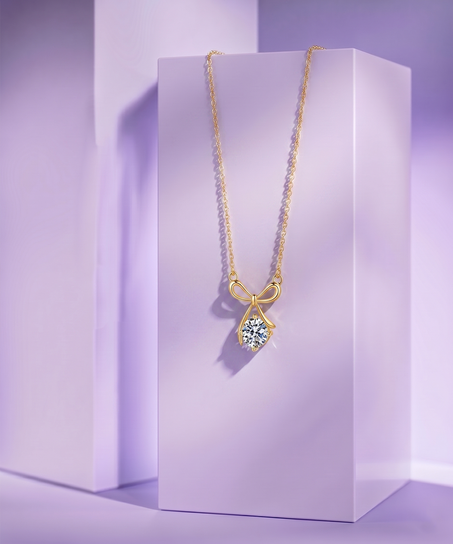 Gold Bow Necklace with Moissanite Pendant