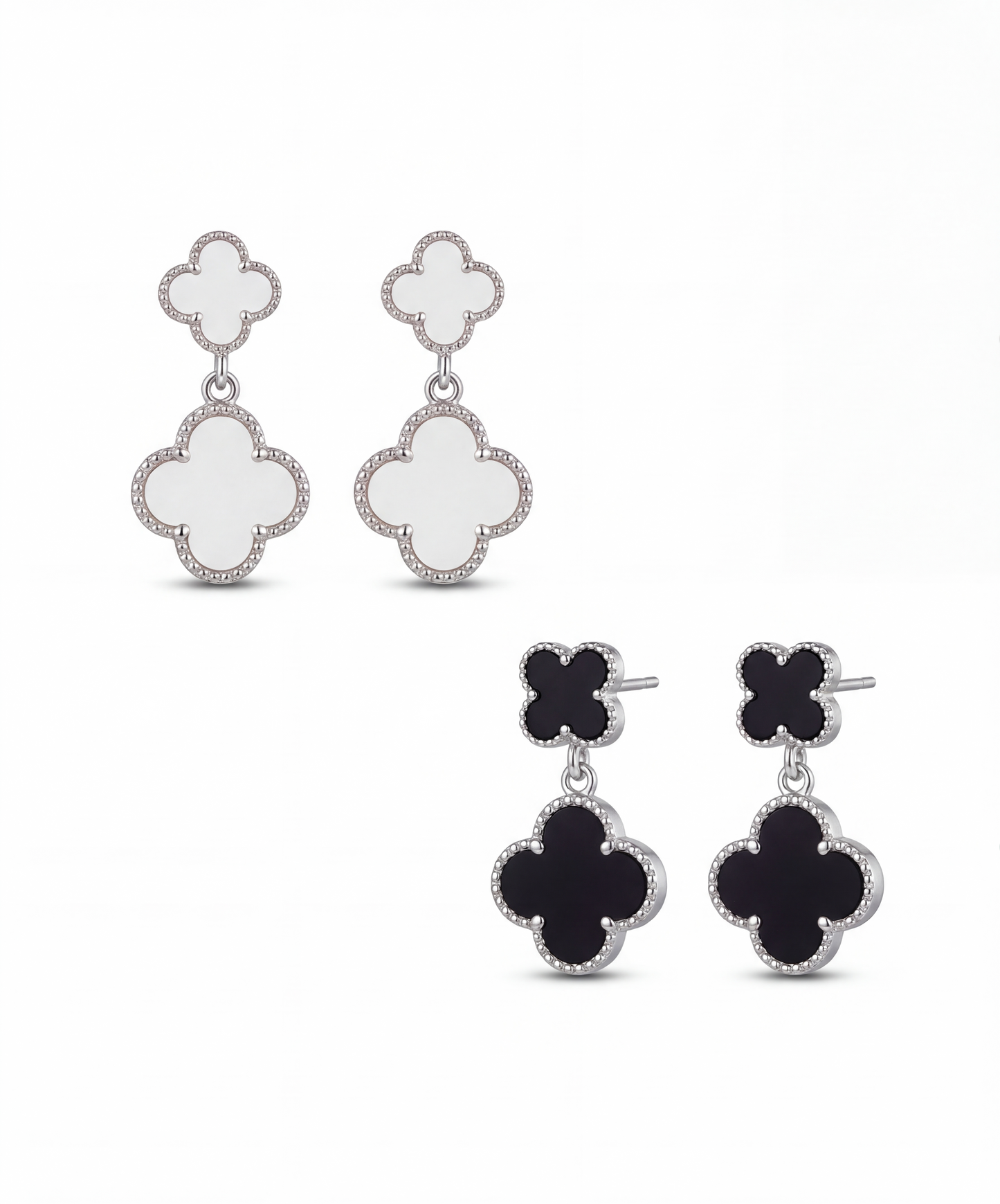 Silver Double Clover Dangle Earrings
