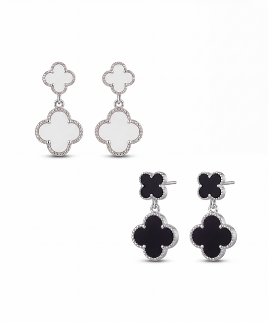 Silver Double Clover Dangle Earrings