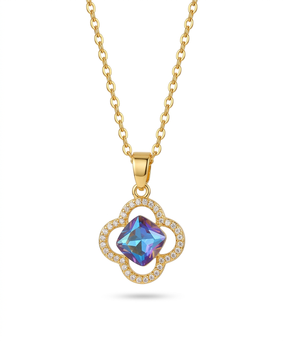 Gold Clover Necklace with an Iridescent Gem