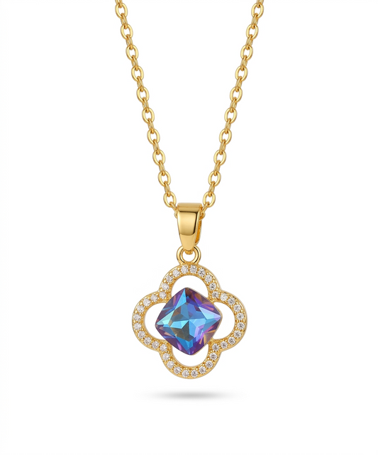 Gold Clover Necklace with an Iridescent Gem