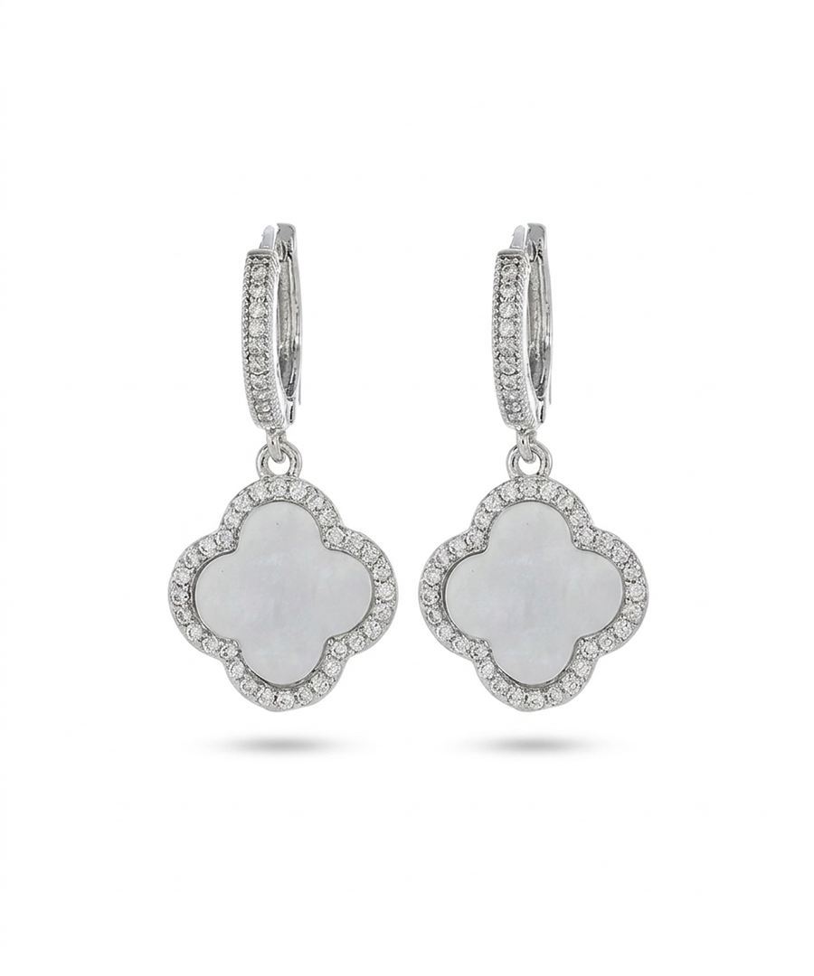 White Gold Plated Clover Dangle Earrings