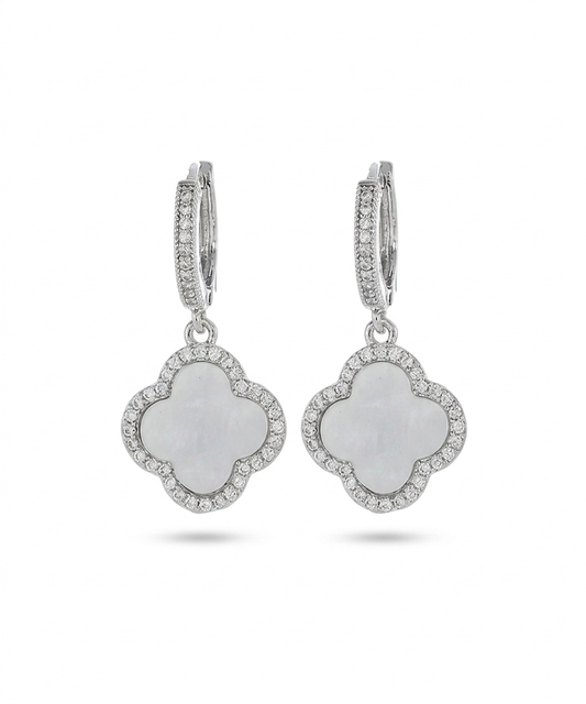 White Gold Plated Clover Dangle Earrings