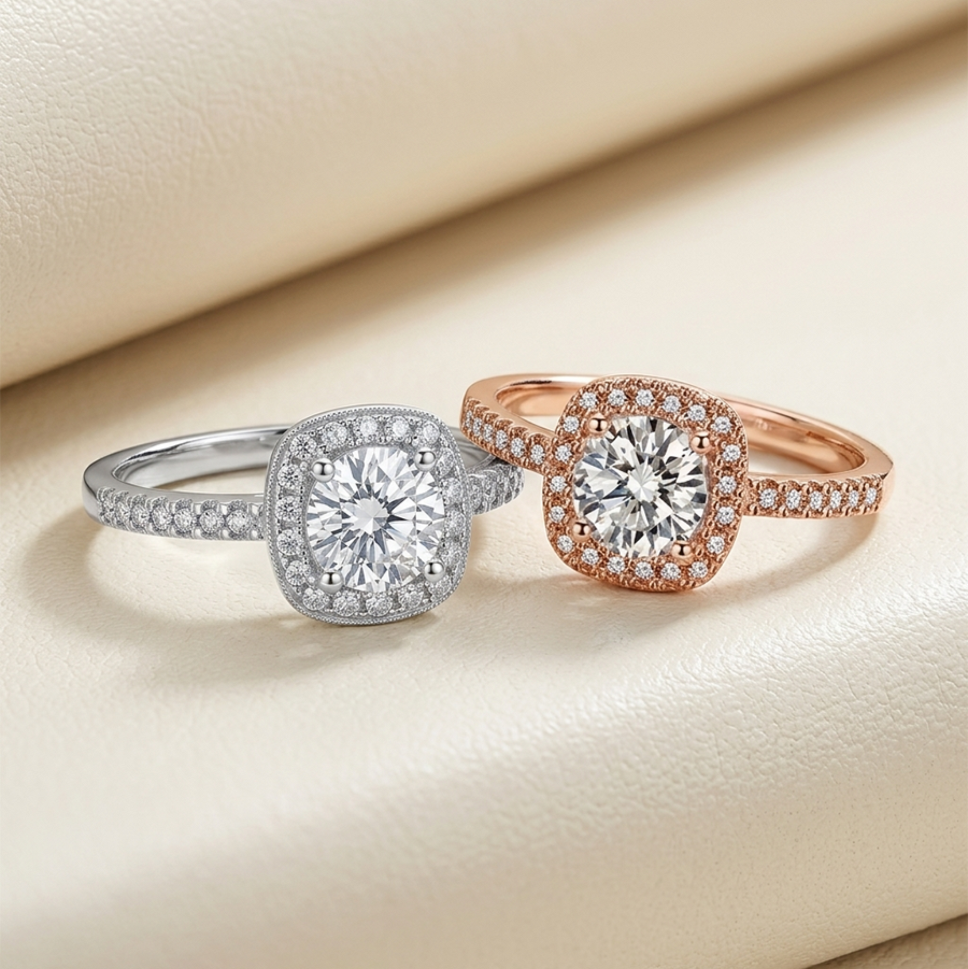 Two MOISSANITE HALO diamond rings, one silver and one rose gold, on a beige surface.