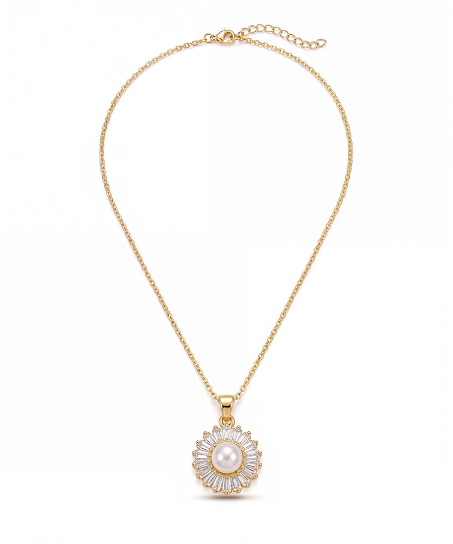 Pearl and Zirconia Halo Gold Plated Pendant Necklace