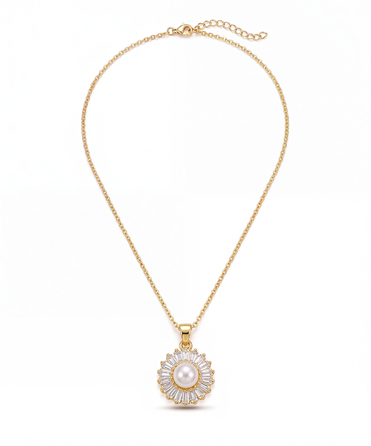 Pearl and Zirconia Halo Gold Plated Pendant Necklace
