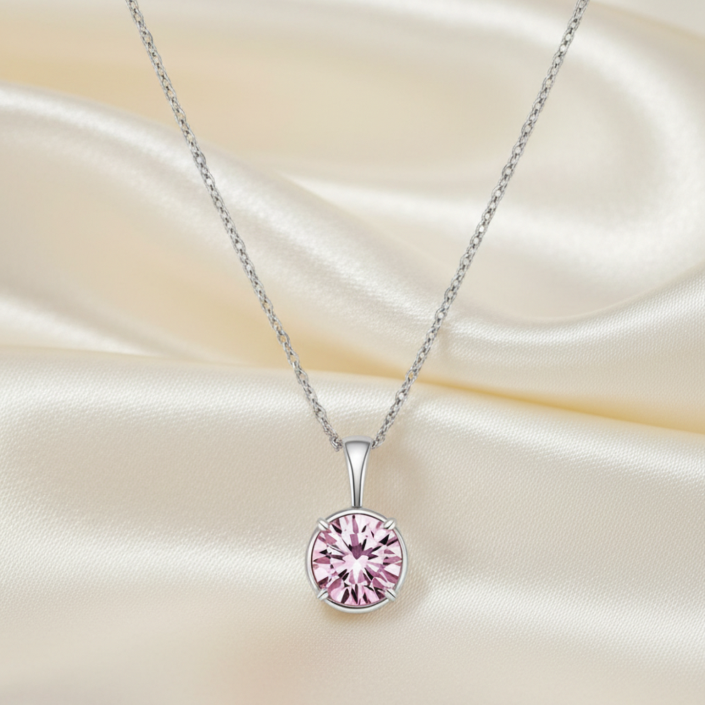 Silver Pink moissanite gemstone necklace on a white background