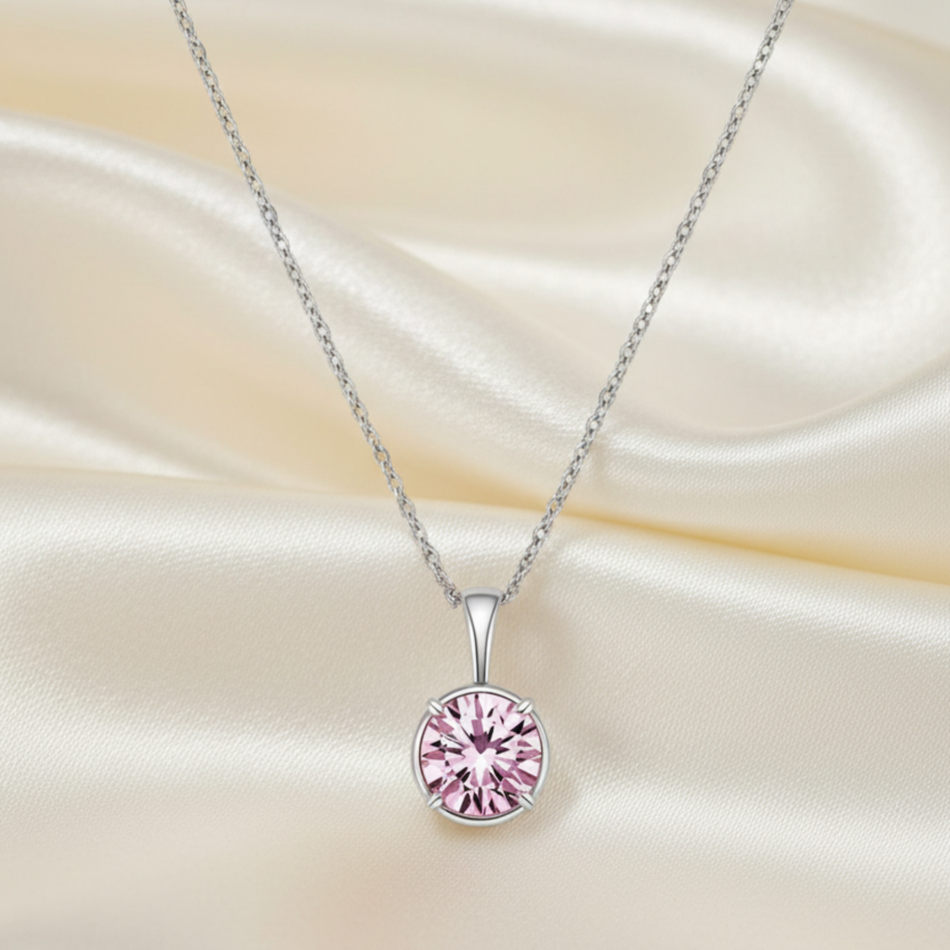 Silver Pink moissanite gemstone necklace on a white background
