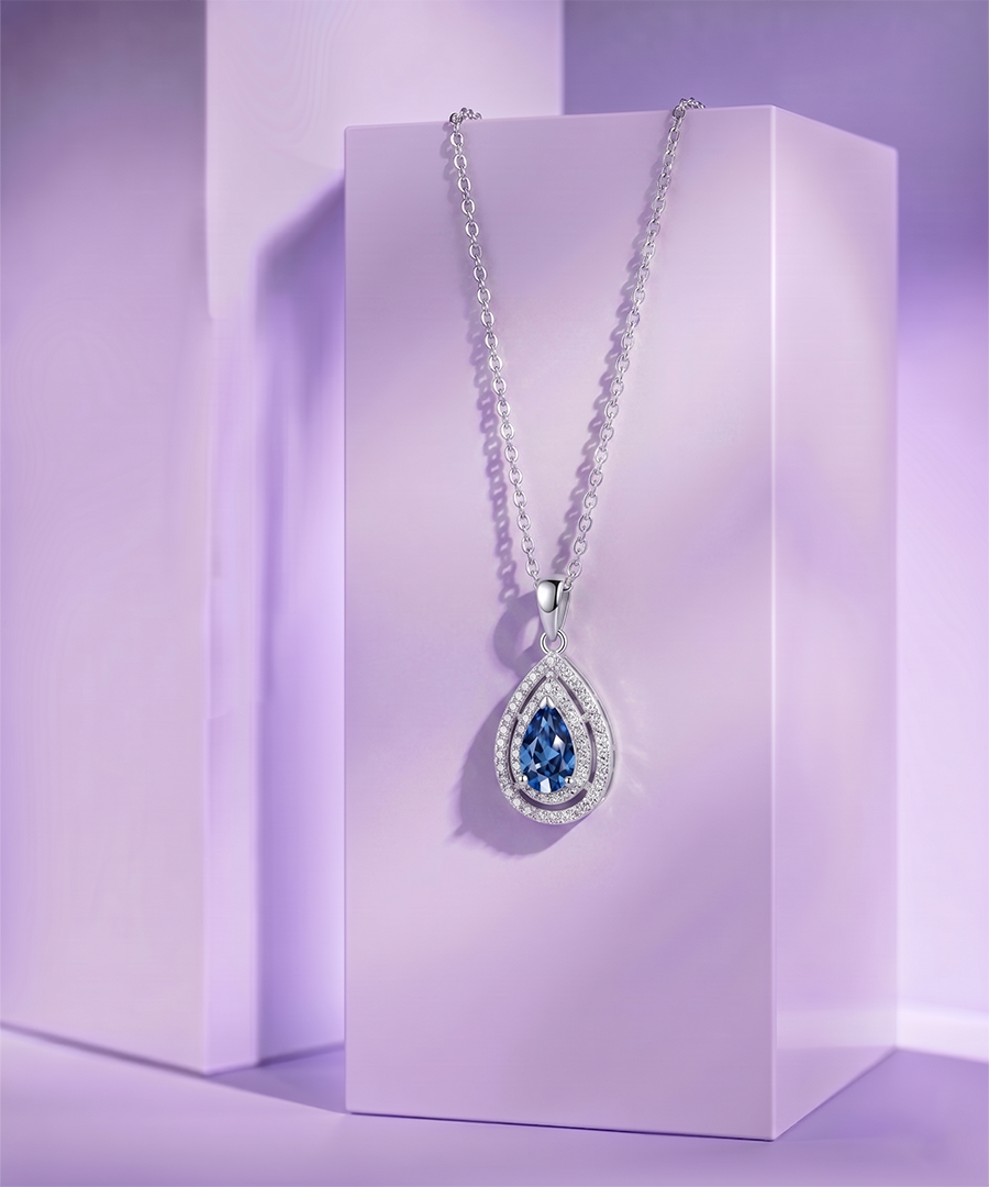 Halo Teardrop Blue Moissanite Pendant Necklace