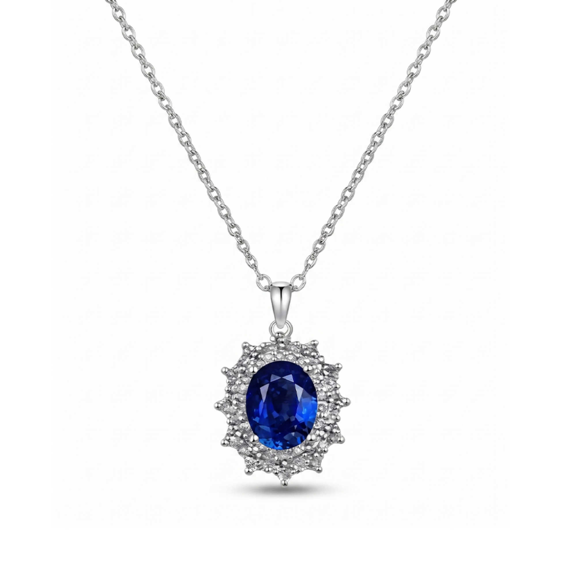 Silver necklace with a blue moissanite gemstone pendant on a white background
