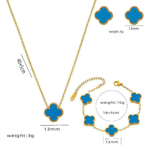Jewelry set with blue clover-shaped pendants including necklace, bracelet, and earrings on a white background, showing measurements.