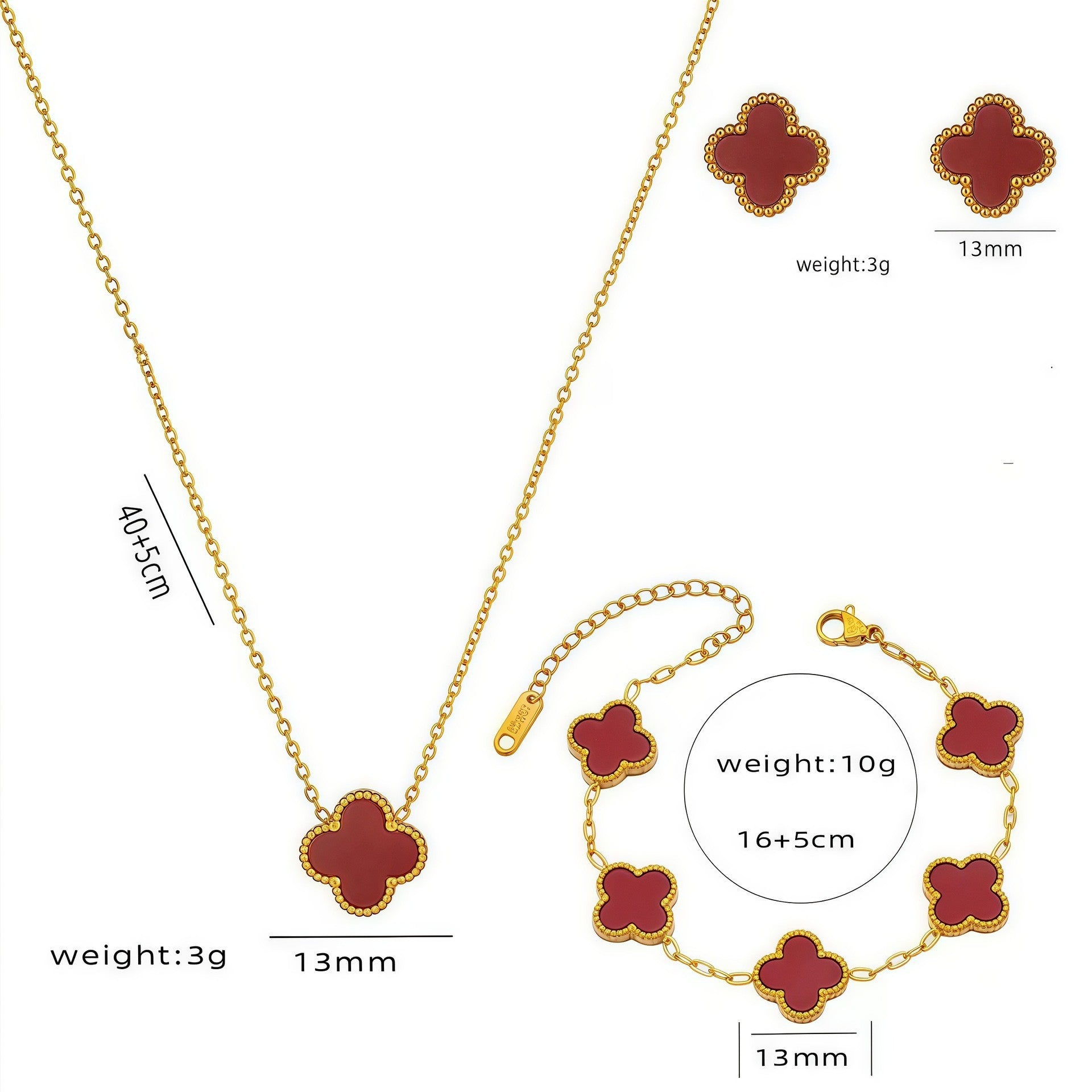 Gold jewelry set with red clover-shaped pendants including necklace, bracelet, and earrings on a white background, showing measurements