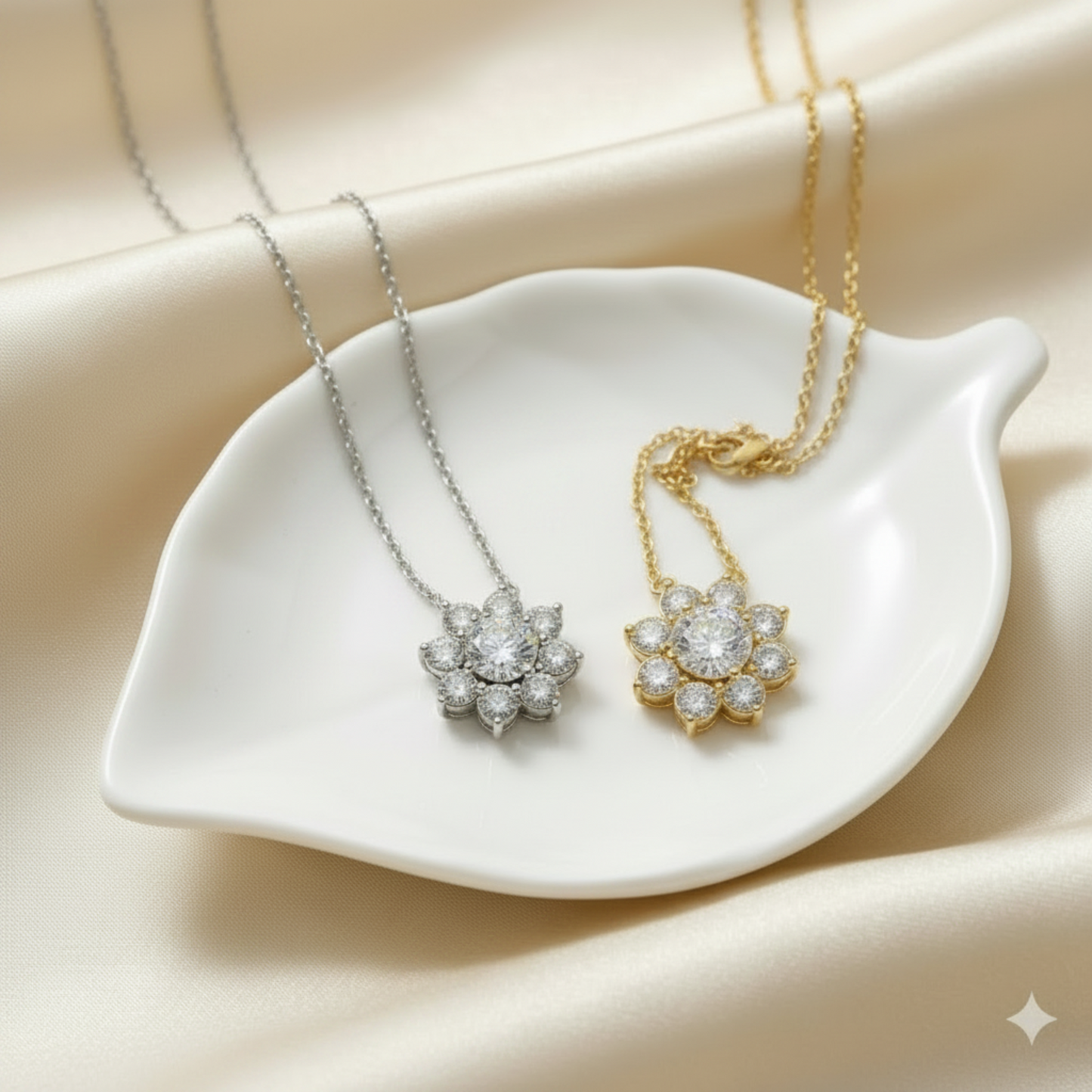 Pair of silver and gold flower cluster pendant necklaces on a white leaf-shaped dish against a beige background