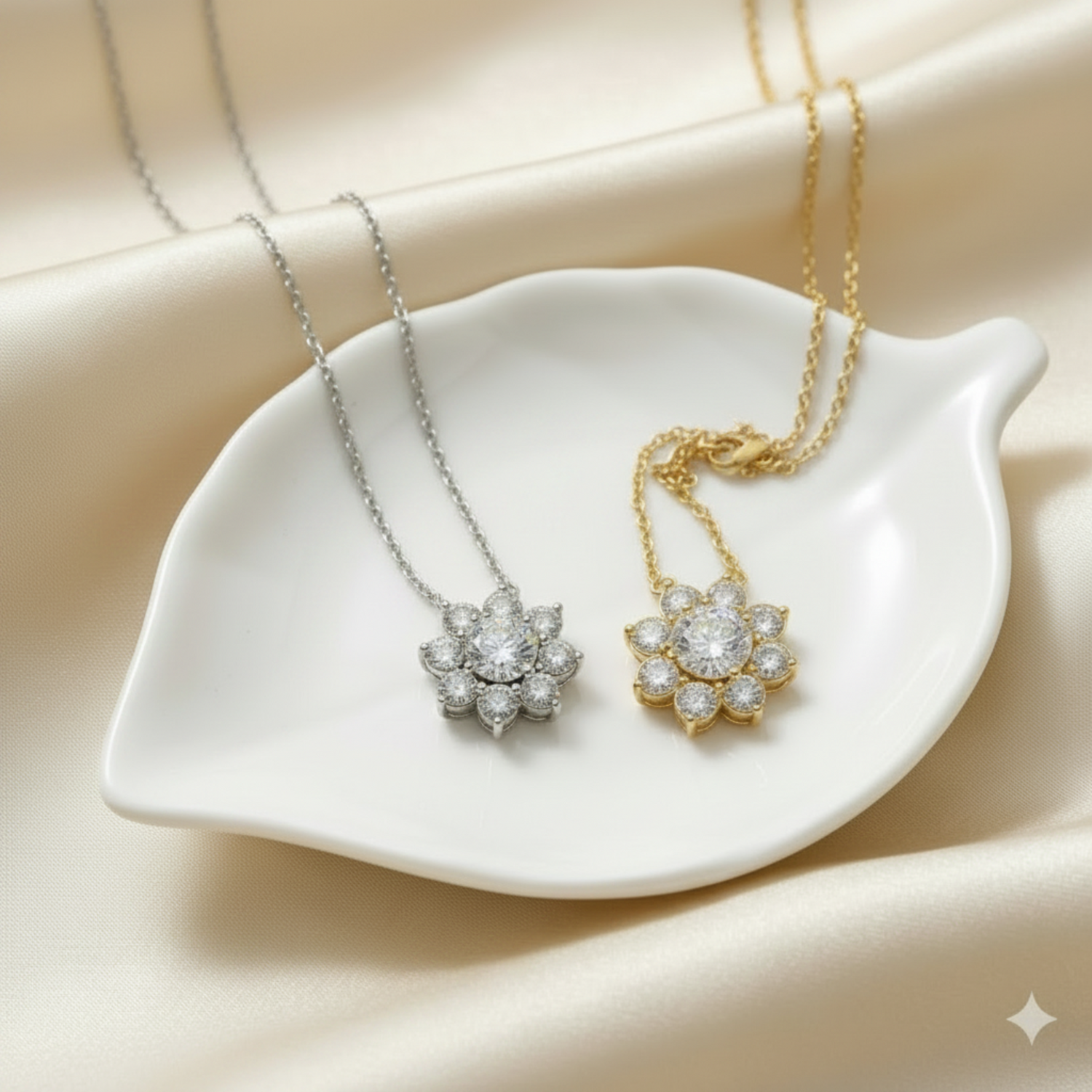Pair of silver and gold flower cluster pendant necklaces on a white leaf-shaped dish against a beige background
