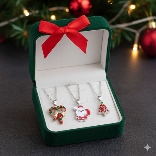 Multiple Christmas motif enamel pendant on silver tone chain. They are designed to add a celebratory touch to holiday attire and suitable for gifting or personal wear during the festive.