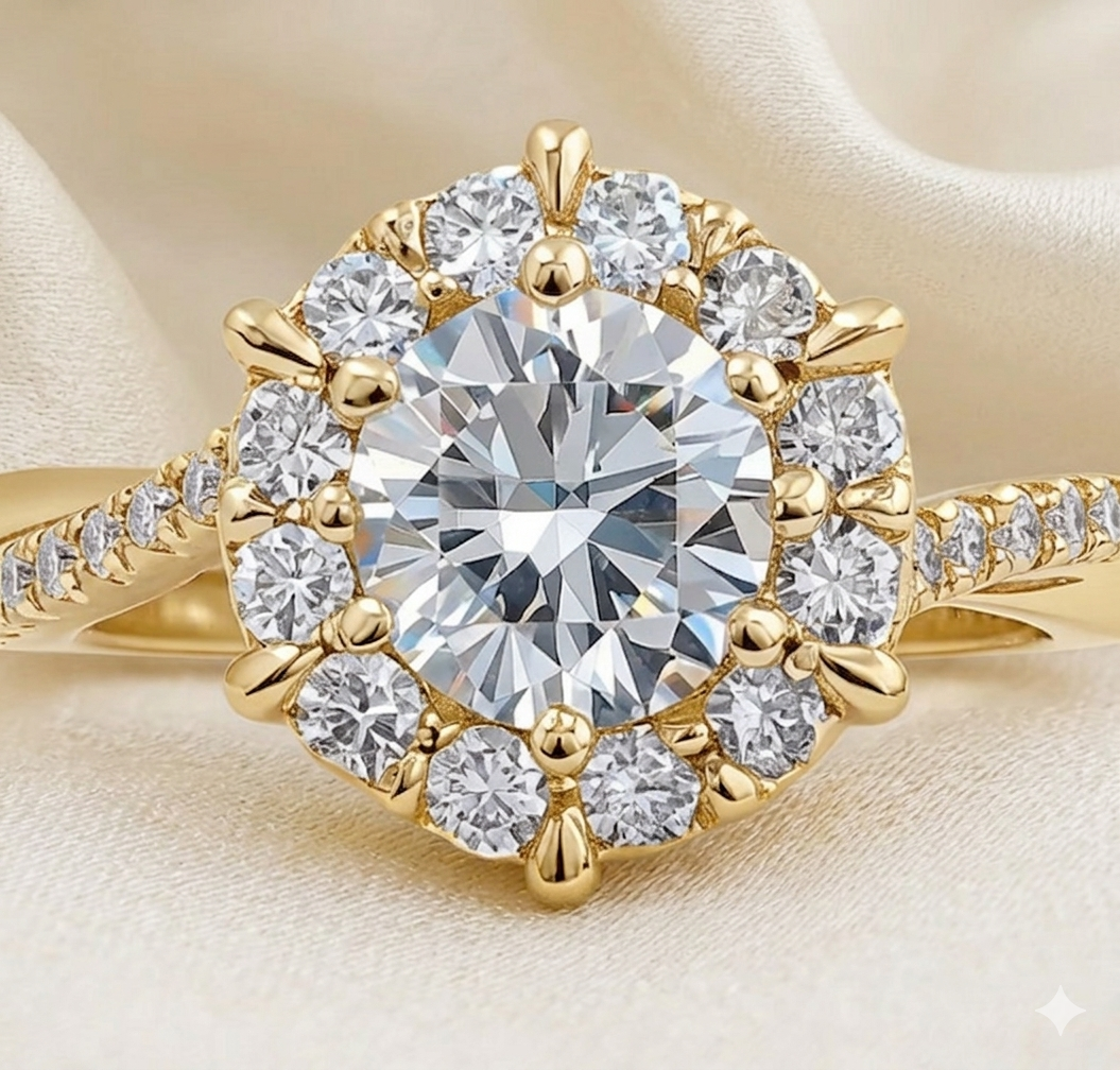 Sunburst Halo Moissanite Engagement Ring