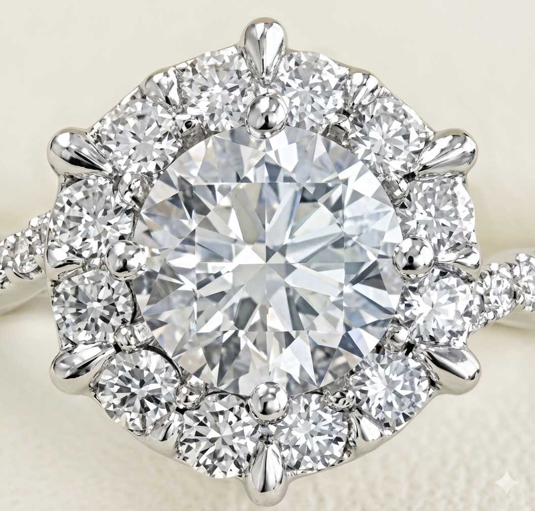Sunburst Halo Moissanite Engagement Ring
