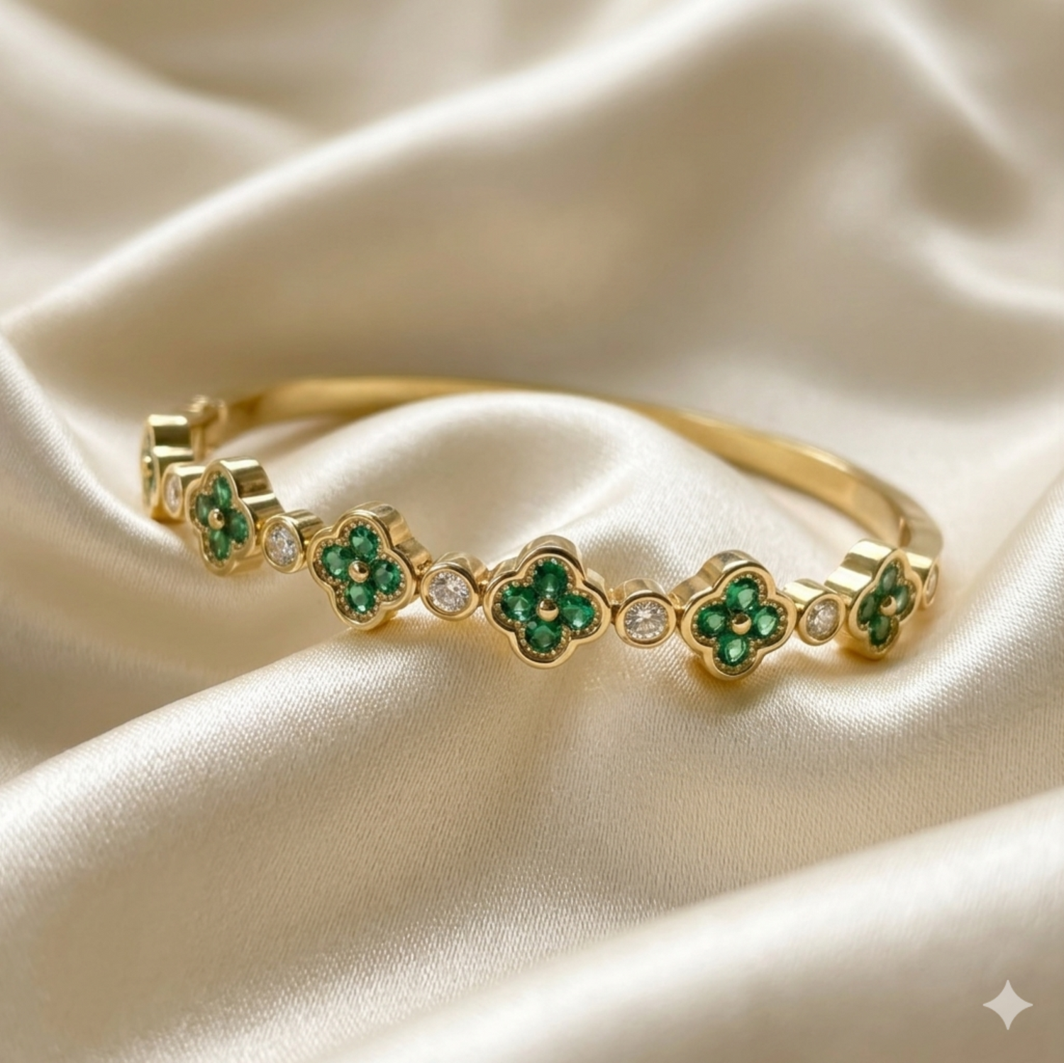 Gold and Green Clover Bangle Bracelet
