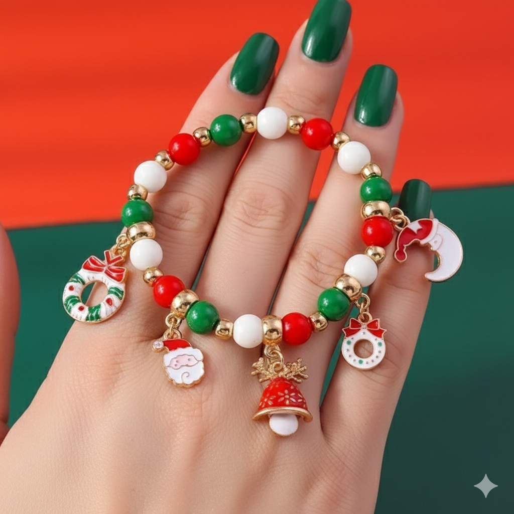 Colorful beaded bracelet with charms on a hand.