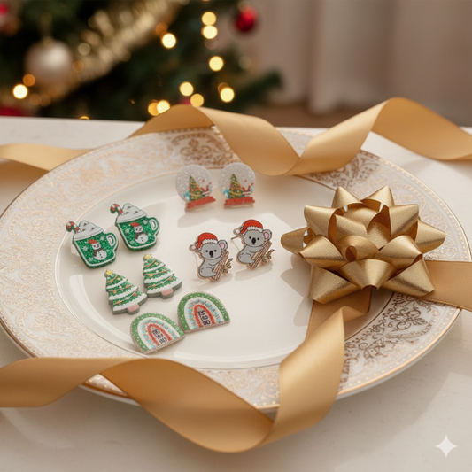 Several pairs of festive stud earrings on a plate with a gold bow.  Each pair is designed with a distinct Christmas holiday theme. Earrings are crafted from lightweight material, and showcase vibrant, detailed designs.