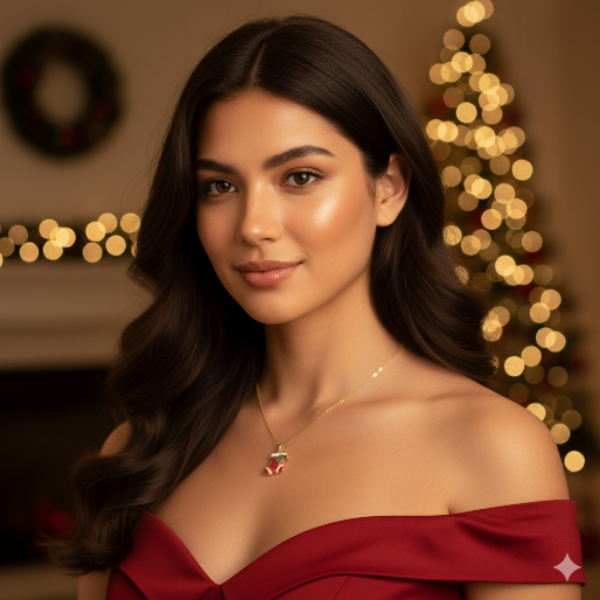 Red stocking enamel pendant on gold tone dainty chain. Perfect for Holiday gift or for use during Christmas as cheerful accessory.