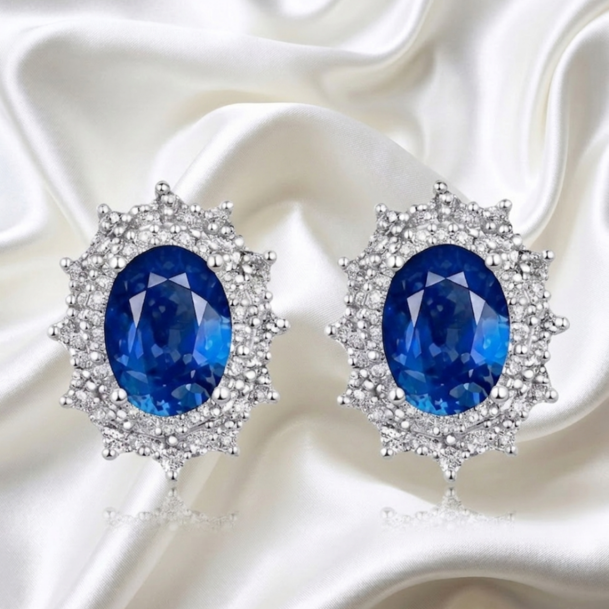Pair of blue gemstone earrings with silver surround on a white fabric background