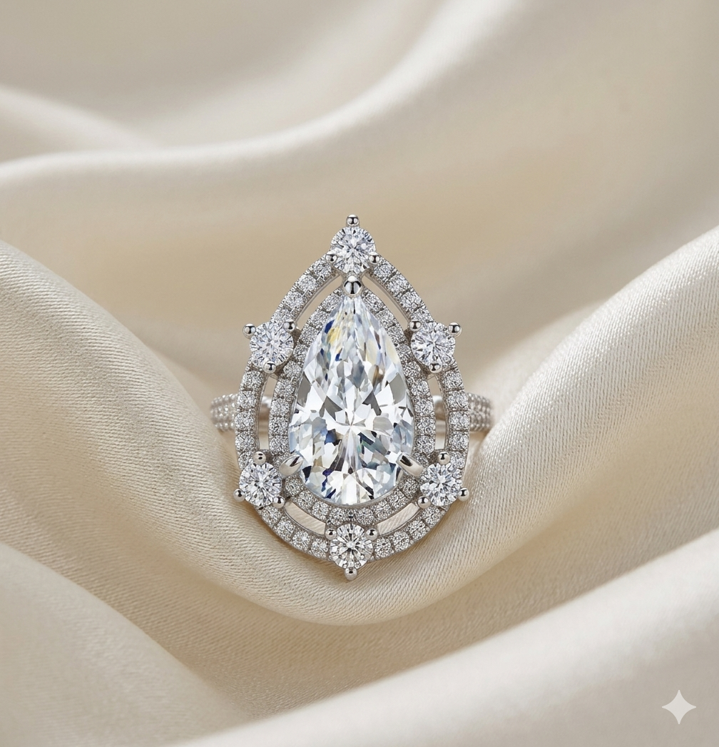 Pear Shaped Moissanite Ring with Double Halo and Crossover Pave Set