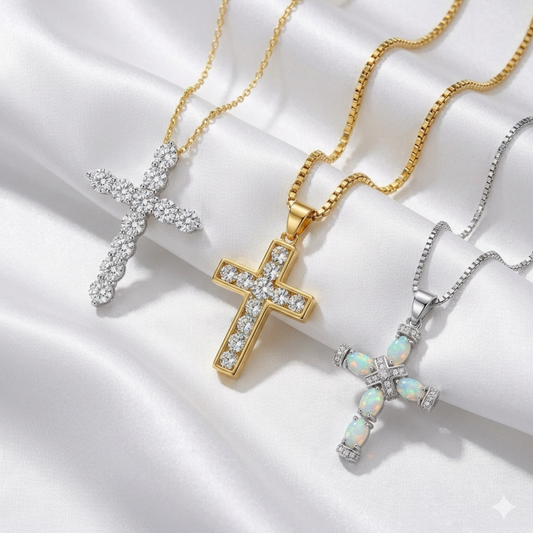 Three cross-shaped pendants on gold and silver chains against a white background