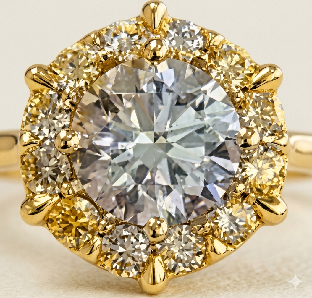 Sunburst Halo Moissanite Engagement Ring
