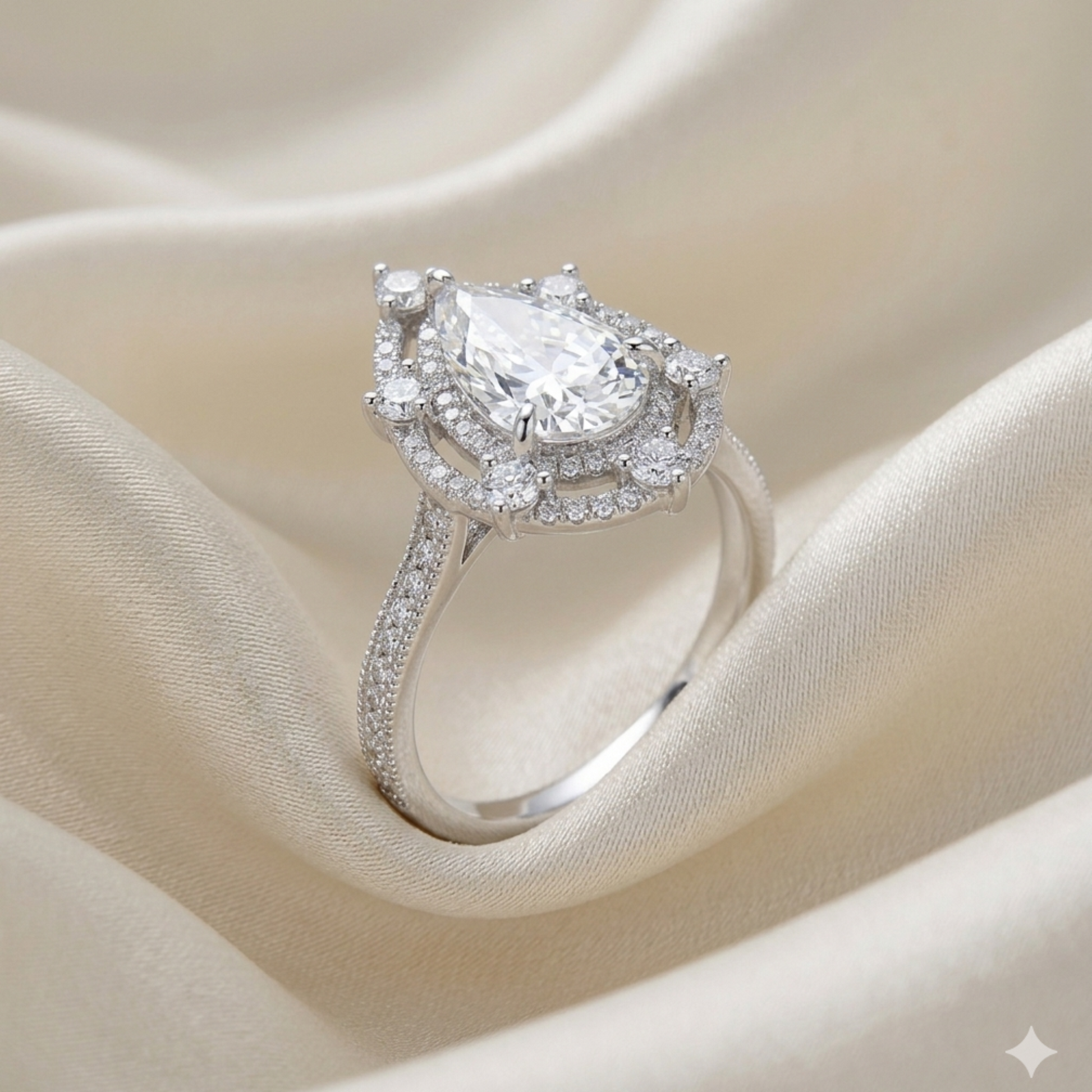 Pear shape moissanite ring on a beige satin background