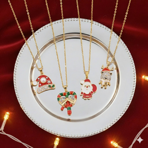 Multiple Christmas motif enamel pendant on gold tone chains. They are designed to add a celebratory touch to holiday attire and suitable for gifting or personal wear during the festive season.
