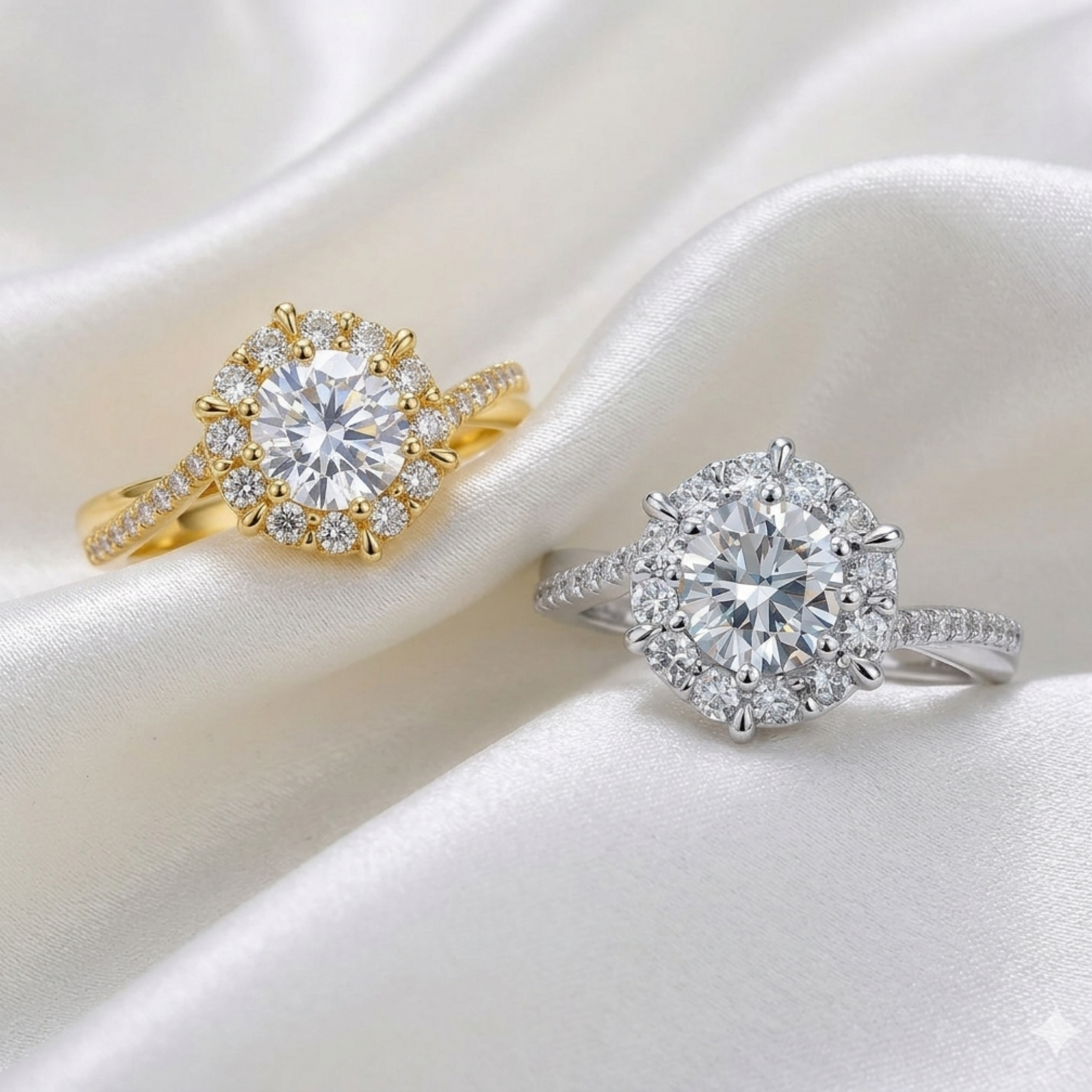 Two diamond rings, one gold and one silver, on a white satin background