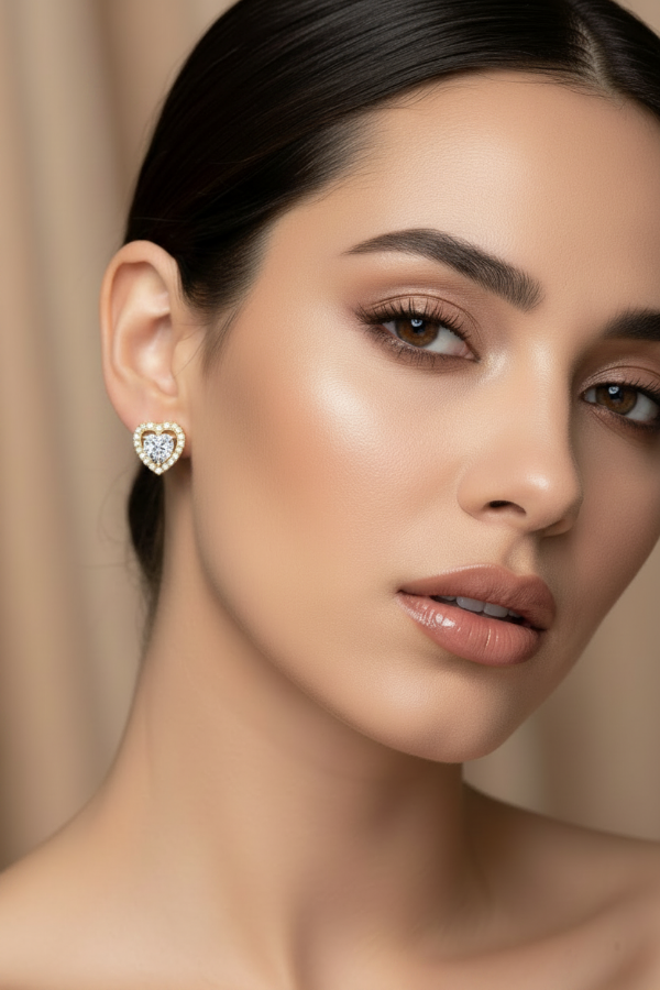 Heart-shaped gold earrings with clear moissanite gemstones on woman
