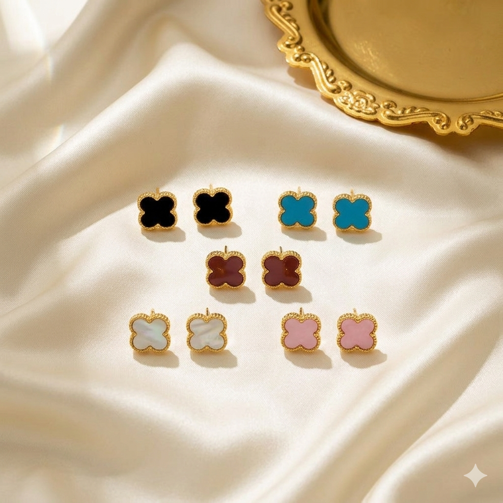 Elegant Gold Four-Leaf Clover Stud Earrings