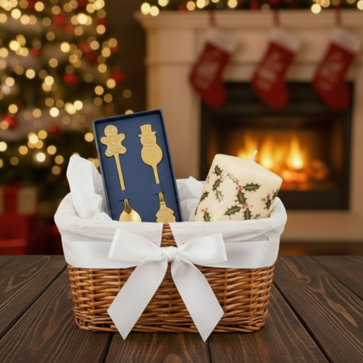 Set of stainless steel gold tone Christmas themed spoons packaged in a blue box, ready to be a Christmas gift or addition to your personal collection.