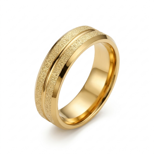Gold ring with textured design on a white background