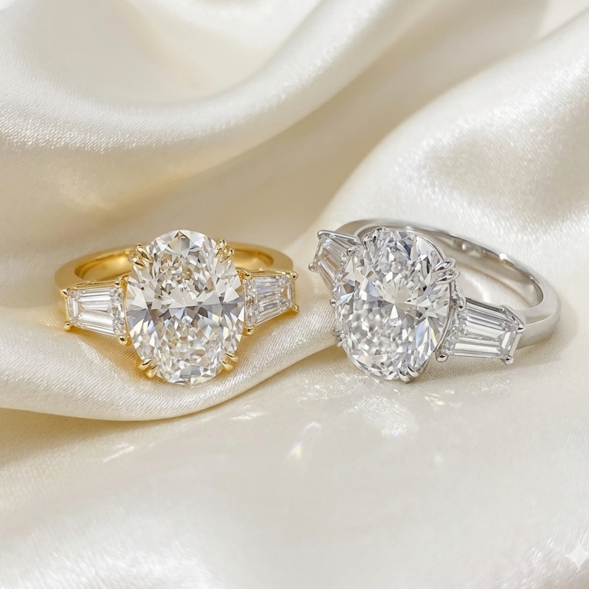 Two diamond rings, one gold and one silver, on a satin surface.