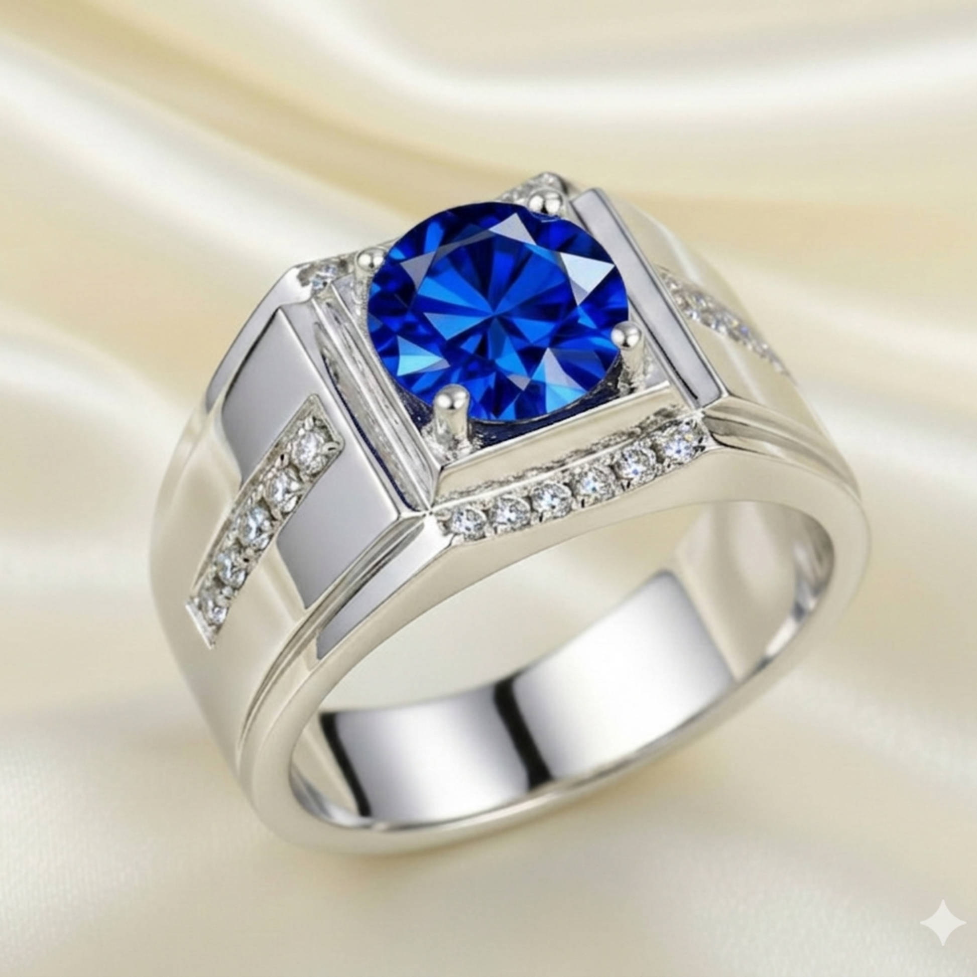 Silver ring with a blue moissanite gemstone on a beige background