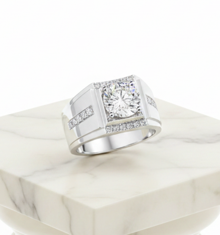 Silver ring with a large gemstone and smaller diamonds on a light gray background