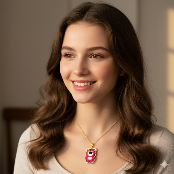 Lotso Bear Necklace, with  the memorable Lotso Huggin' Bear suspended from a delicate gold chain, making it a playful and recognizable accessory perfect for fans of the movie or collectors of character merchandise.