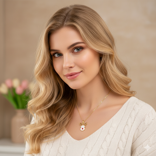 White reindeer enamel pendant on a dainty gold tone chain.