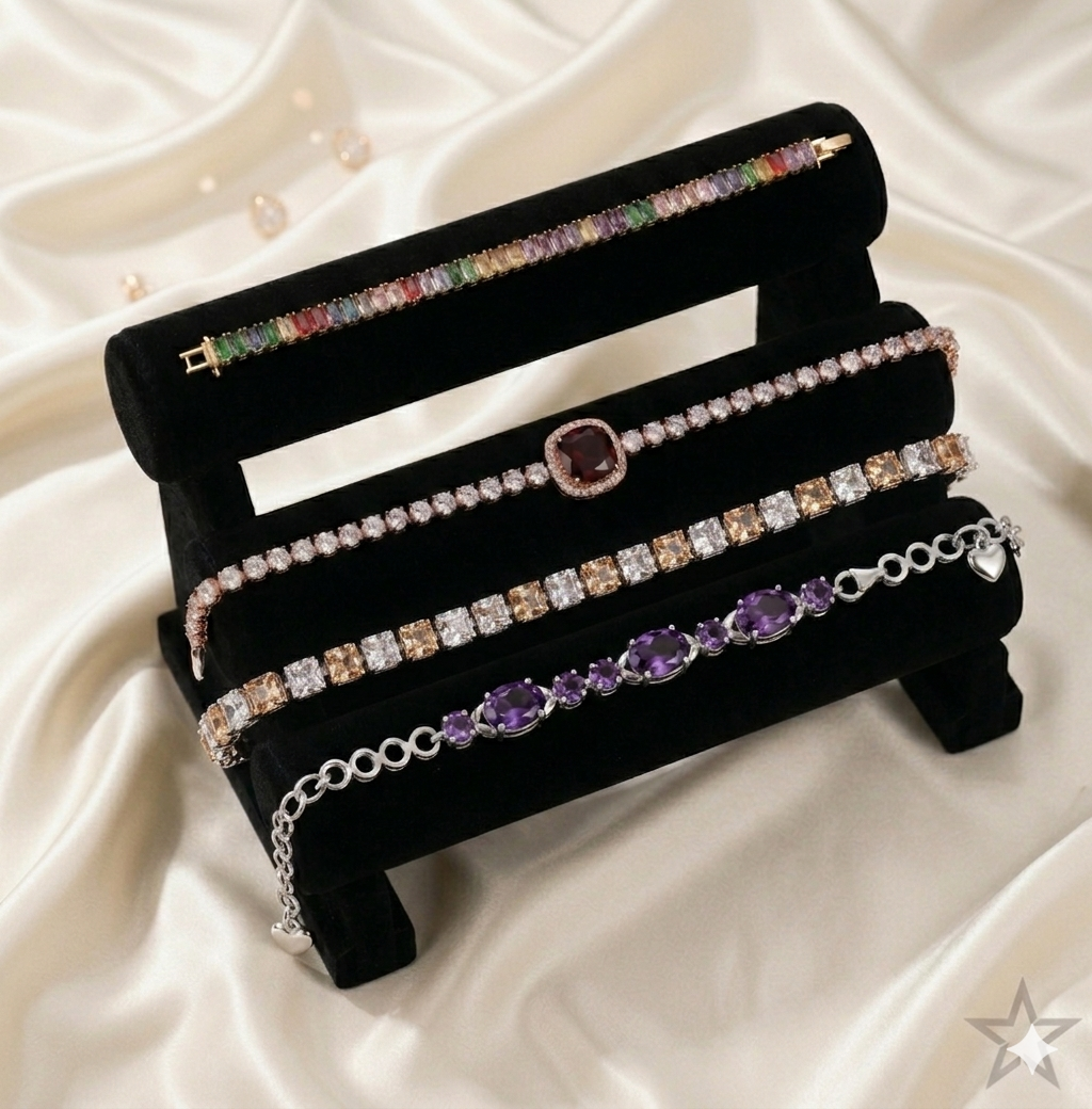 Set of jewelry tennis bracelets on a black velvet stand with a white fabric background